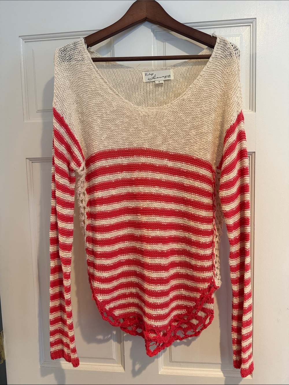 Vintage Havana Cream & Red Striped Scoop-Neck Open Knit Sweater